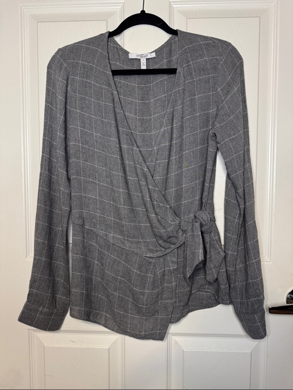 10 Crosby Derek Lam Grey Windowpane Wrap Blouse with Side Tie
